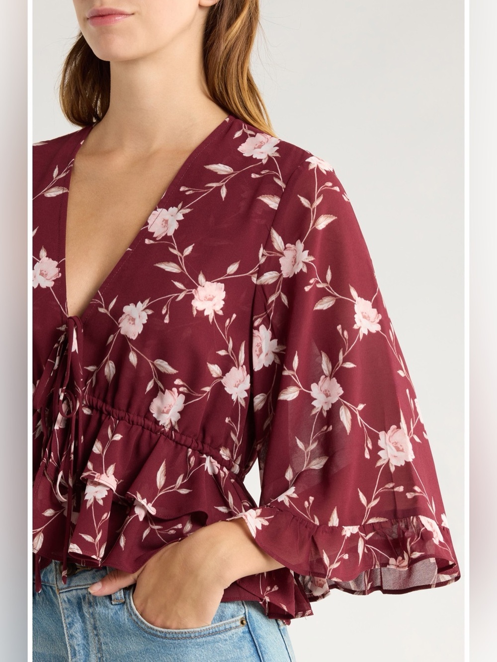 WAYF Free Spirit Floral Ruffle Top XS Burgundy Boho Romantic NWOT - Picture 4 of 10